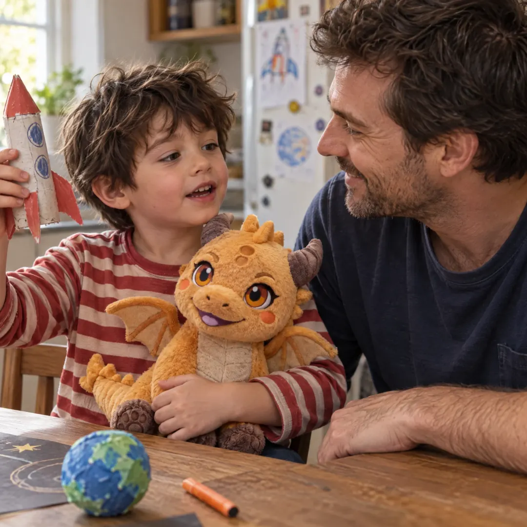 A boy shows his dad a paper rocket while holding Ash
