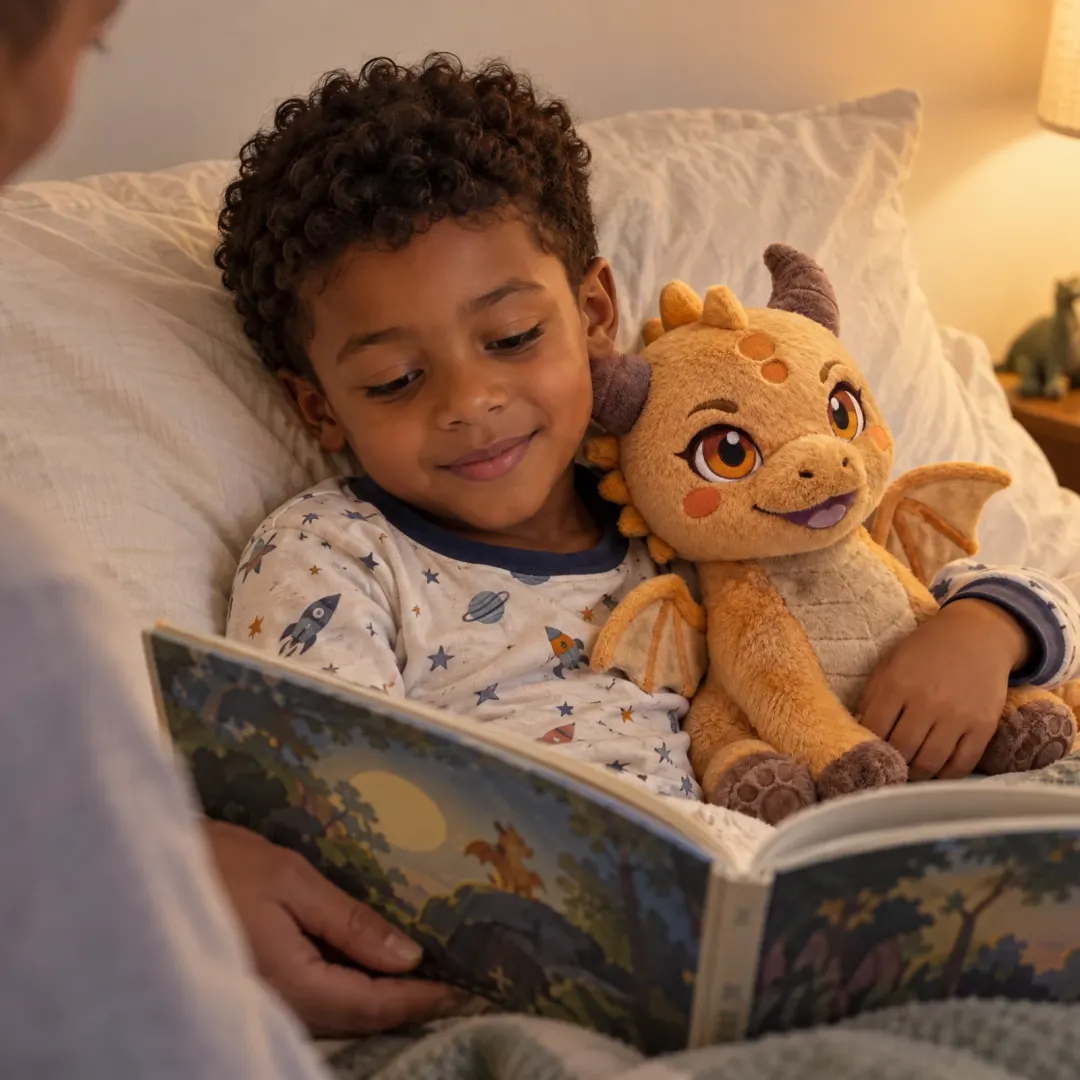 A boy cuddles Ash during a bedtime story