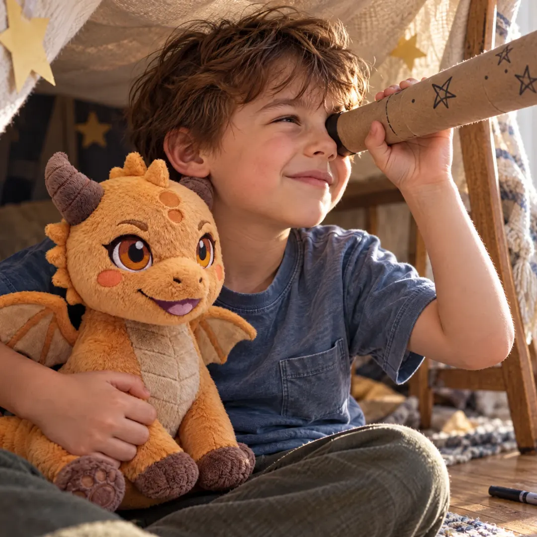 A boy looks through a cardboard telescope with Ash in a blanket fort