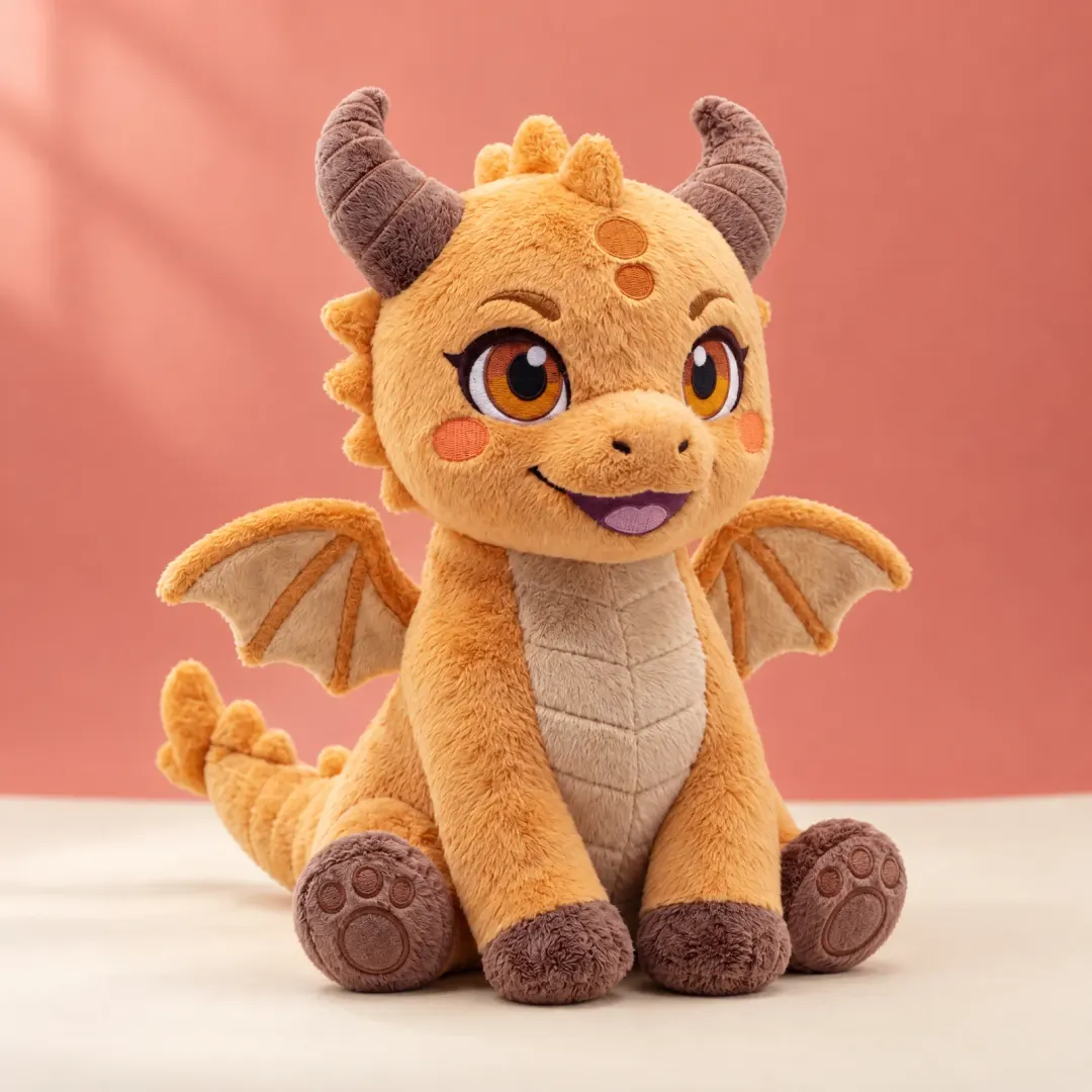 Ash the dragon plush sitting on a cream floor
