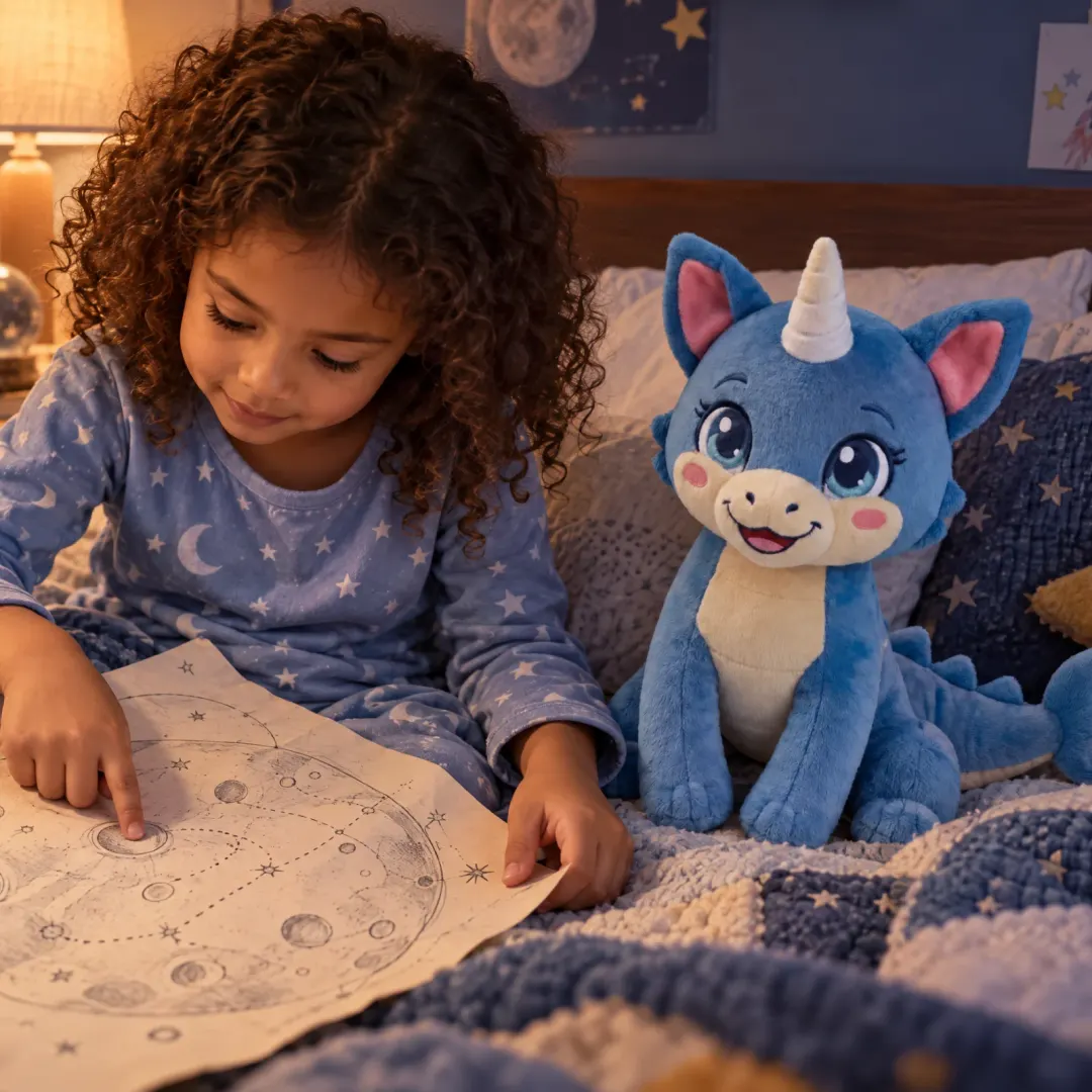 A girl and Pearl look at a moon map at bedtime