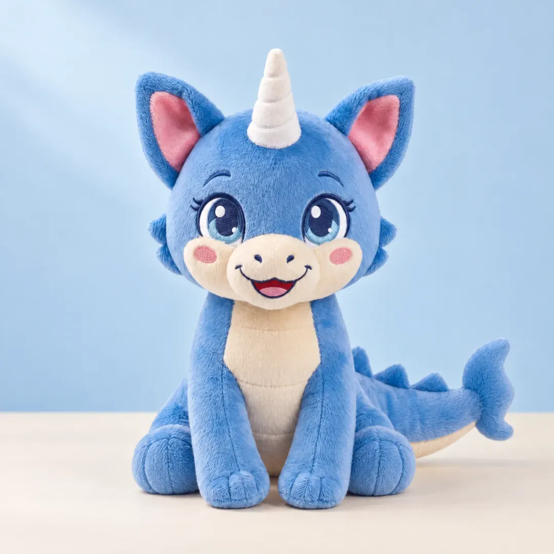 Pearl the unicorn plush sitting on a cream floor