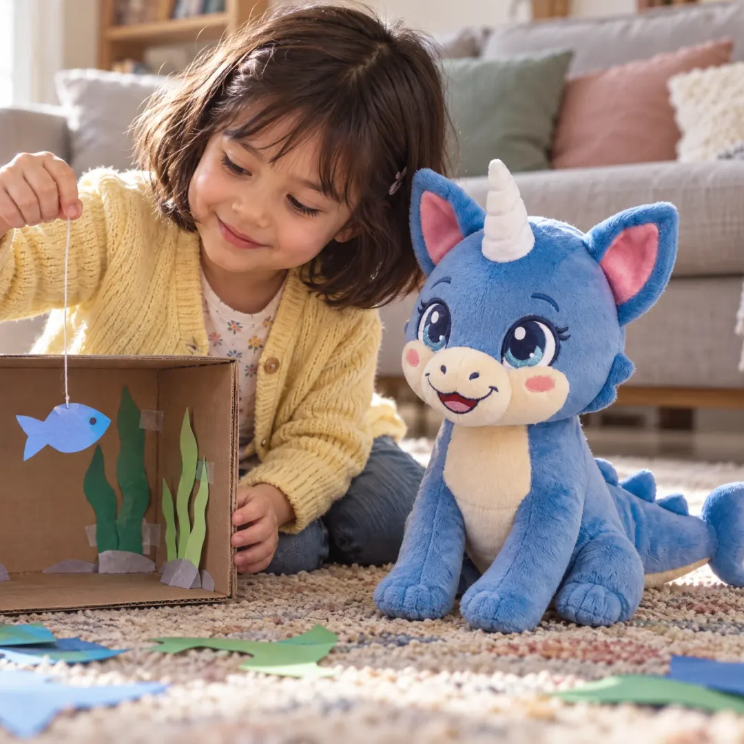 A girl builds a paper aquarium next to Pearl