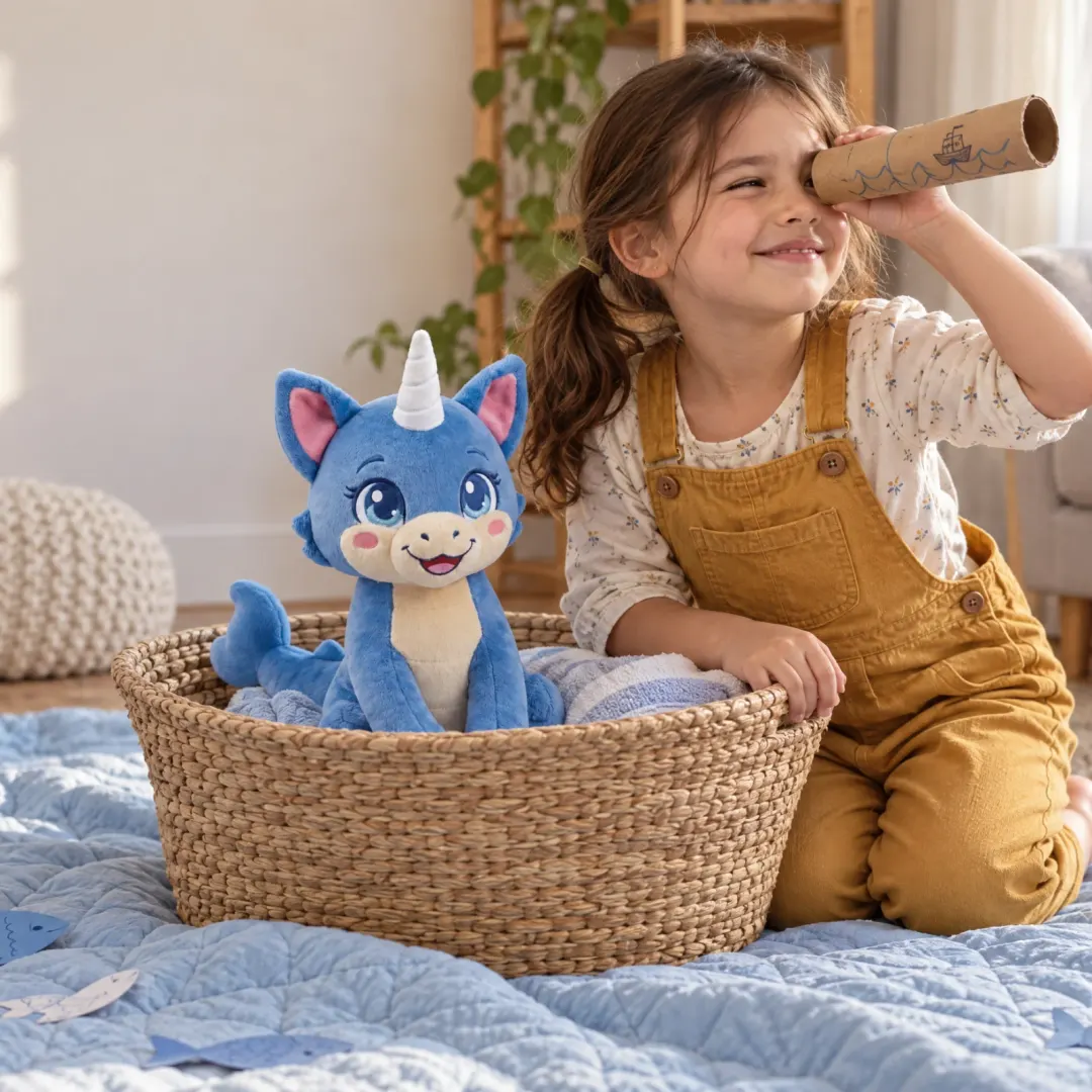 A girl looks through a cardboard telescope beside Pearl in a basket boat