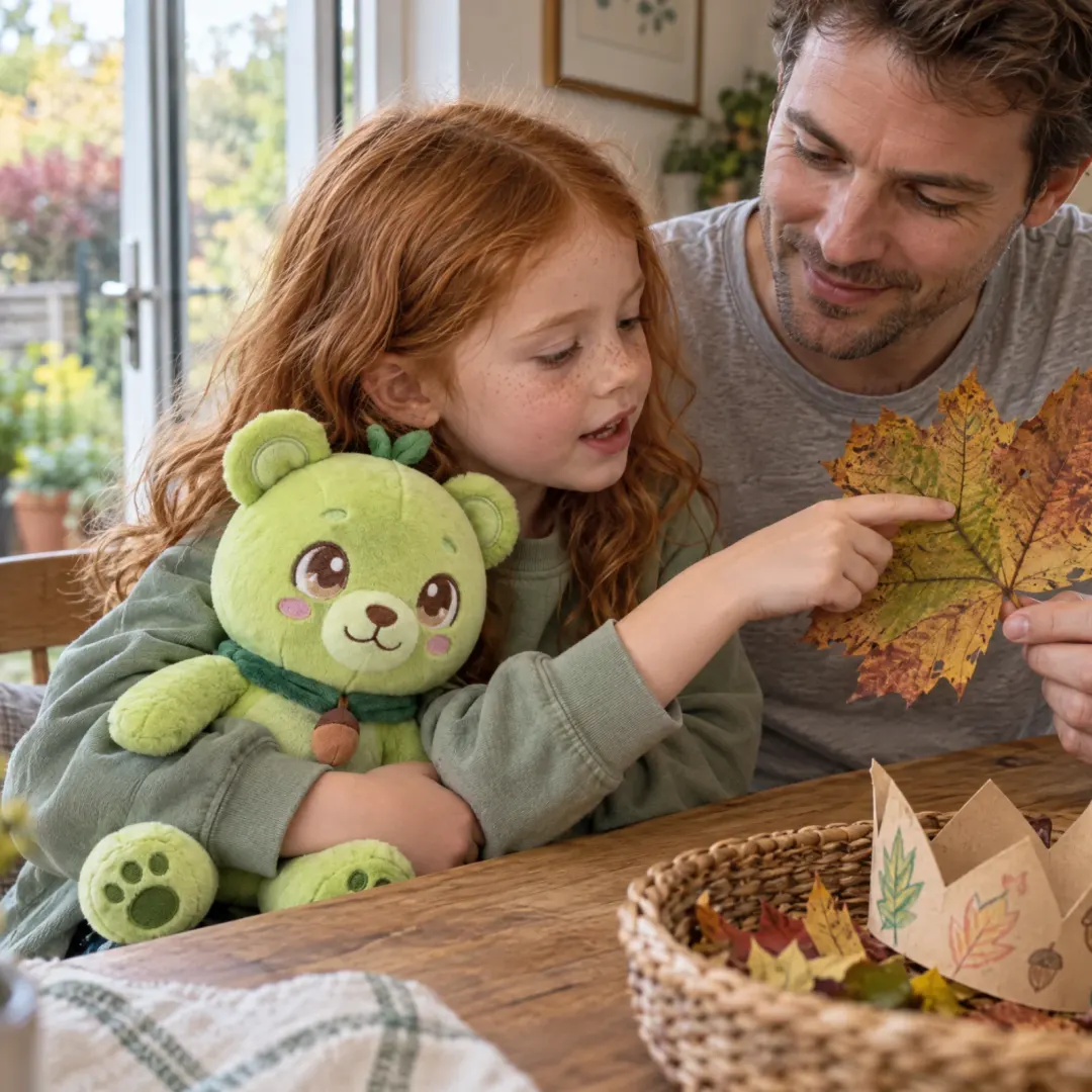 A girl hugs Sprout and points at a leaf her dad is holding