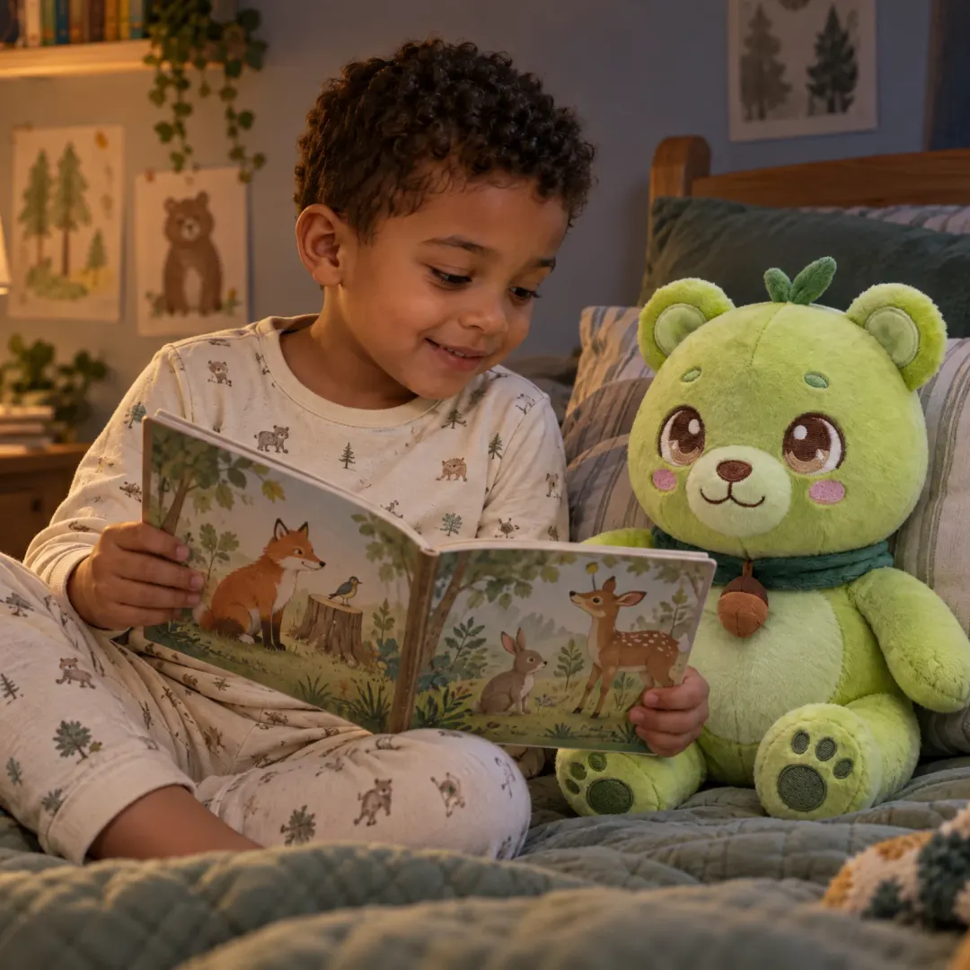 A boy reads a bedtime book next to Sprout