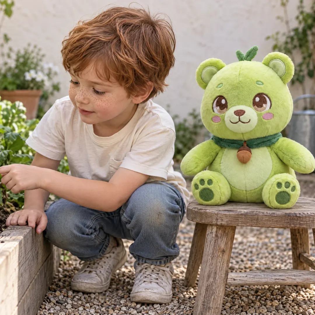 A boy points at a leaf in the garden next to Sprout