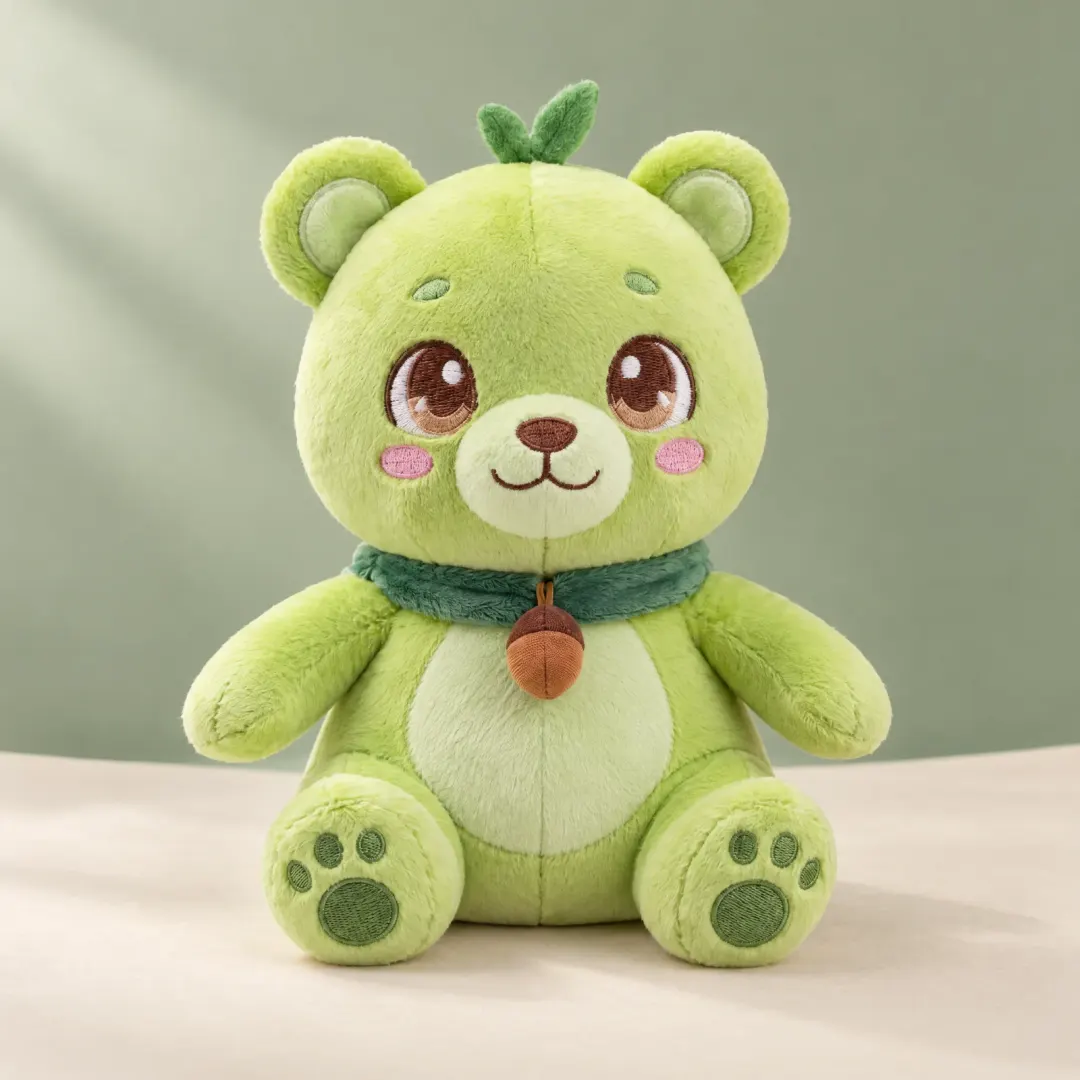 Sprout the bear plush sitting on a cream floor