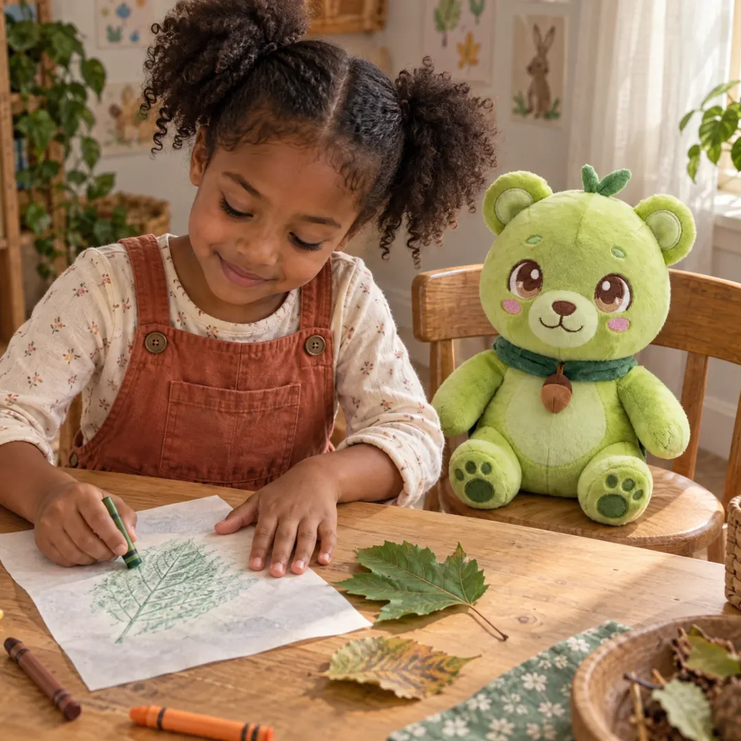 A girl makes a leaf rubbing next to Sprout