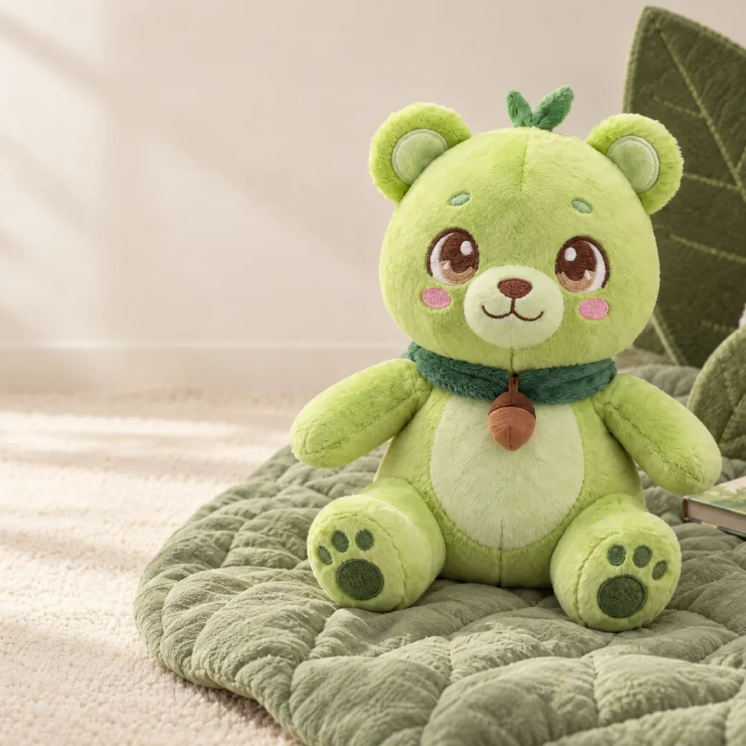 Sprout sitting on a leafy quilt