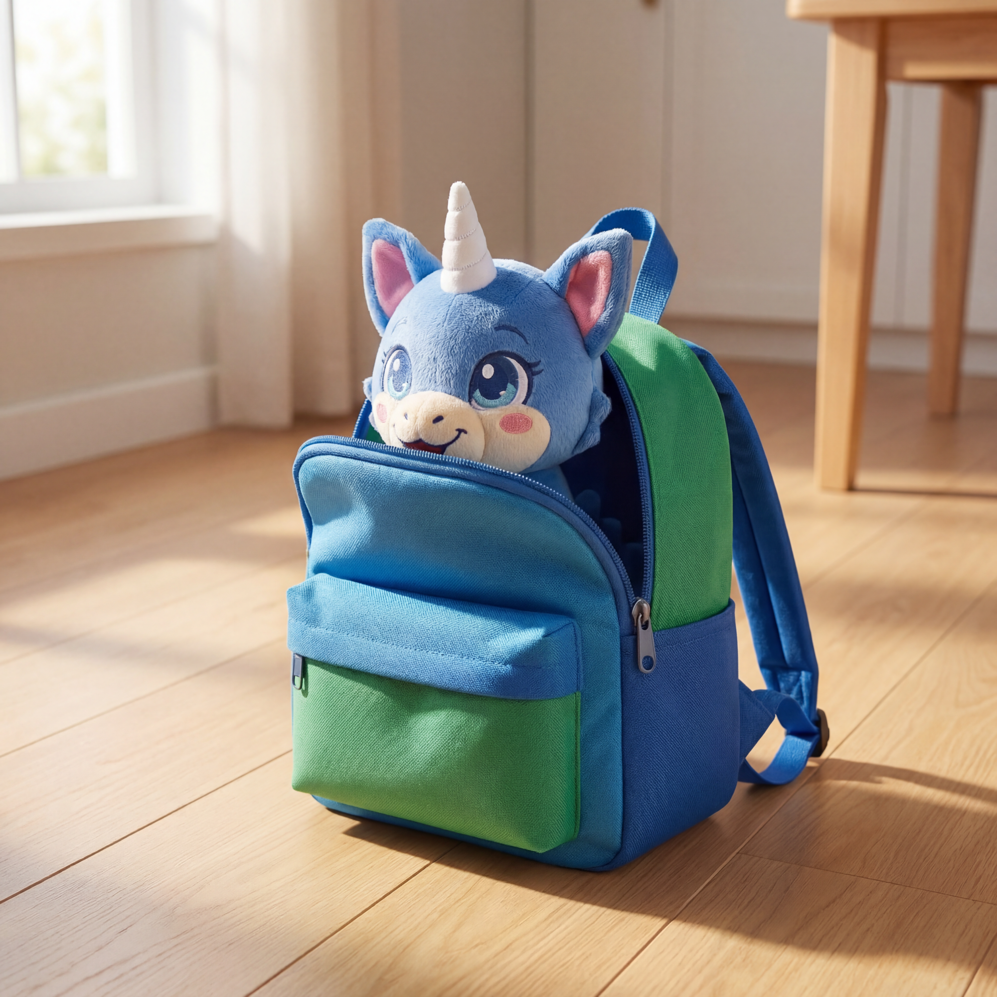 Pearl tucked in a school backpack