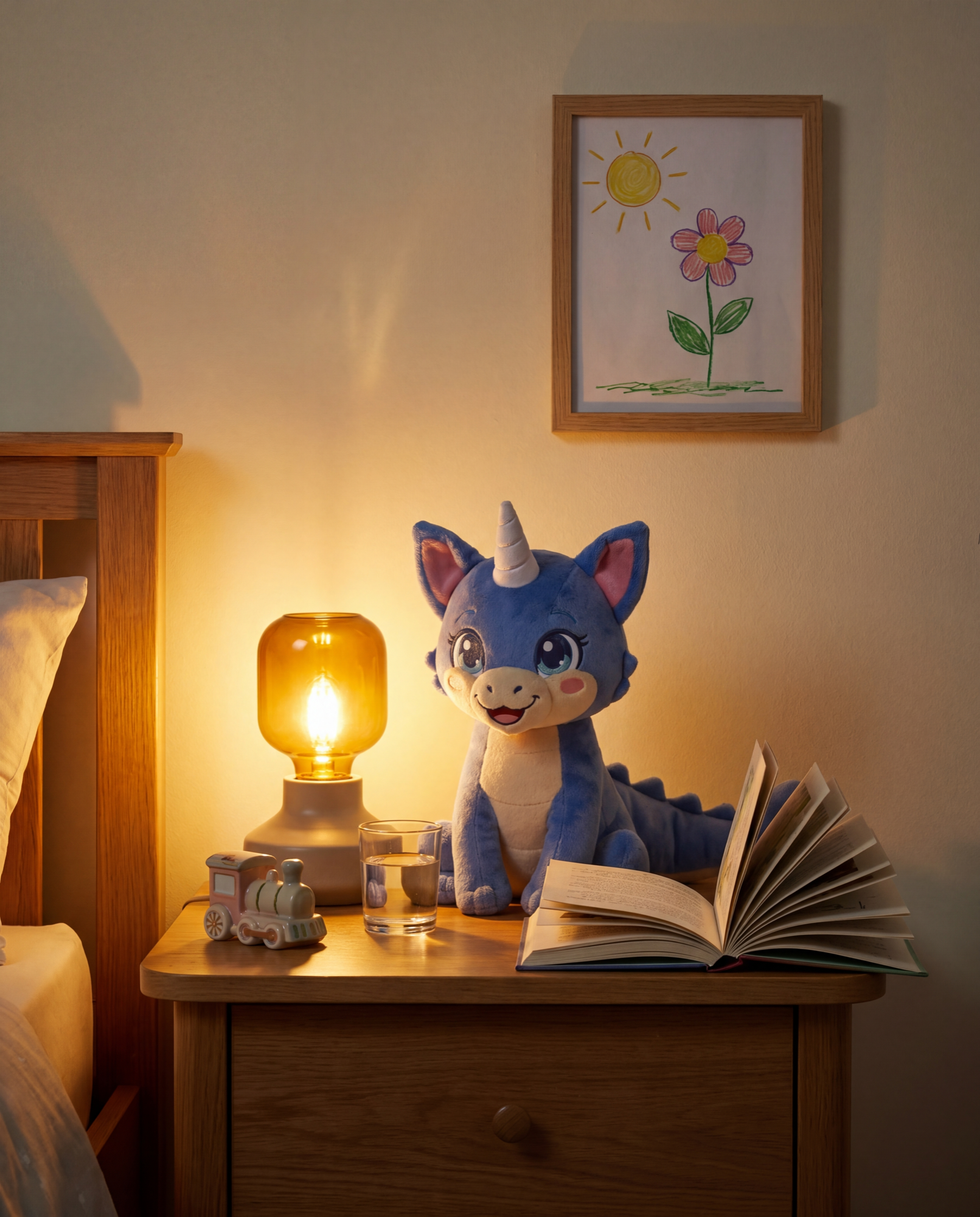 Pearl on the nightstand at bedtime