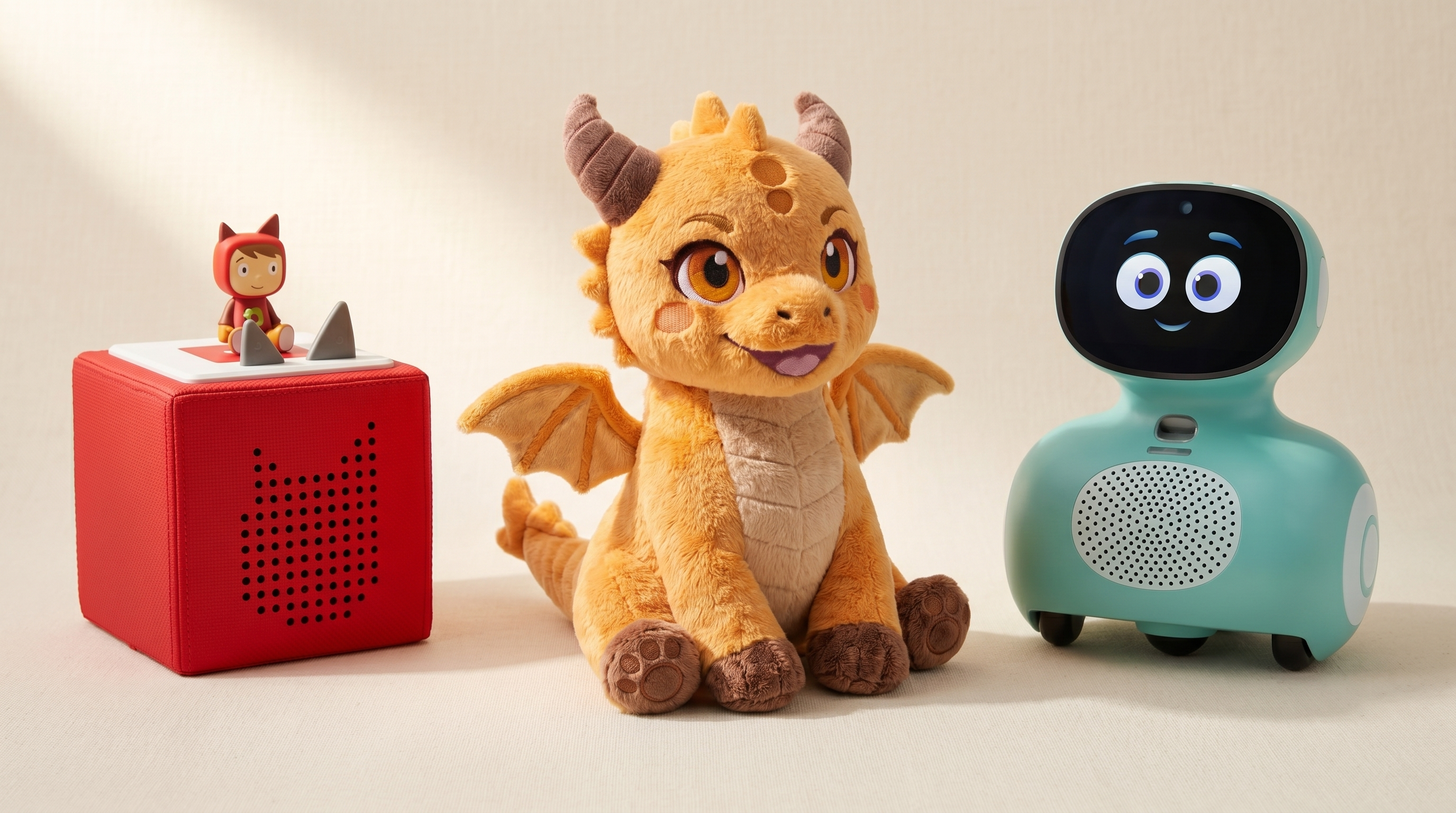 Three AI companion plush toys photographed on a child's bed