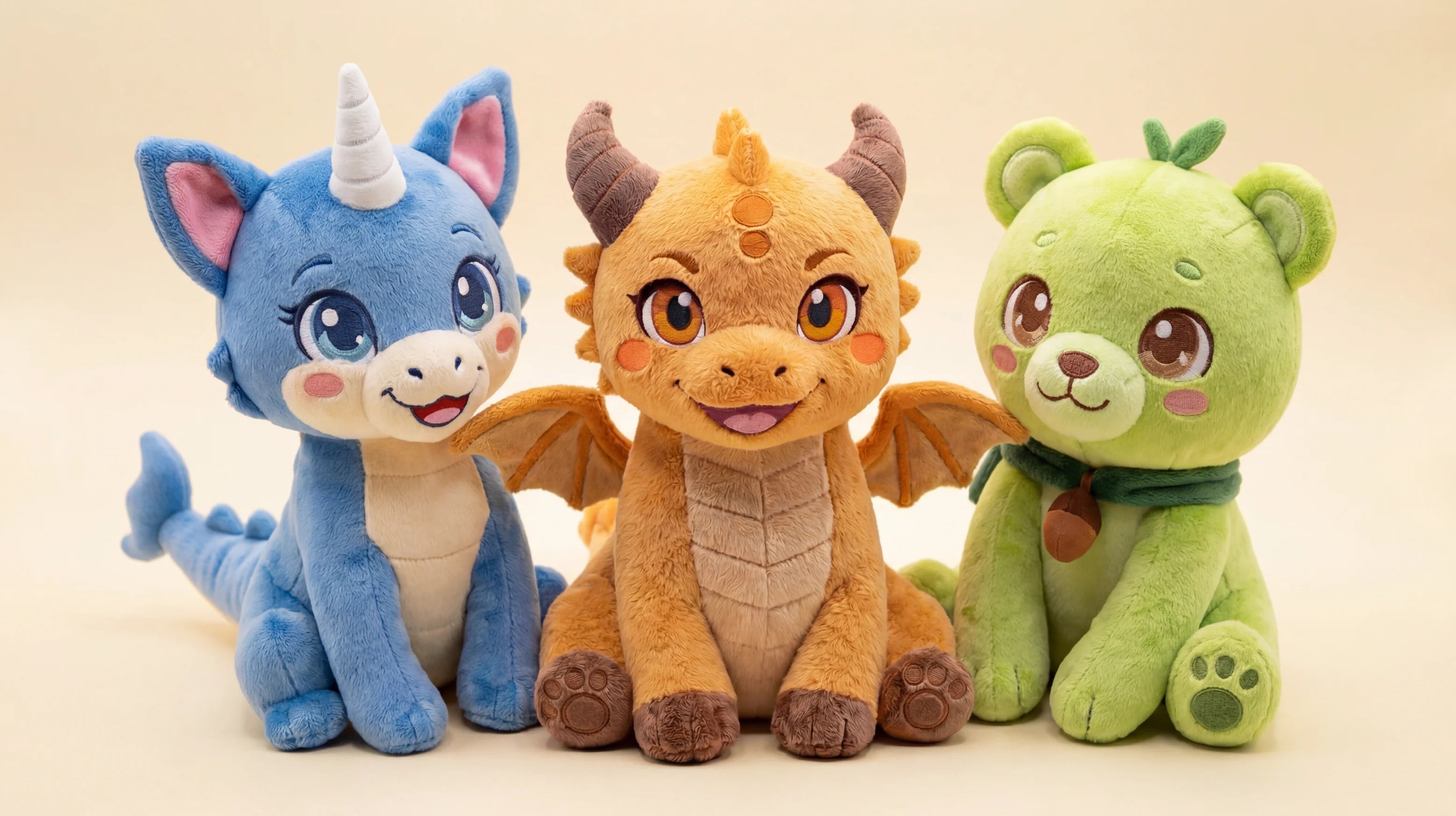 Three SkyBuds plush characters: Pearl, Ash and Sprout
